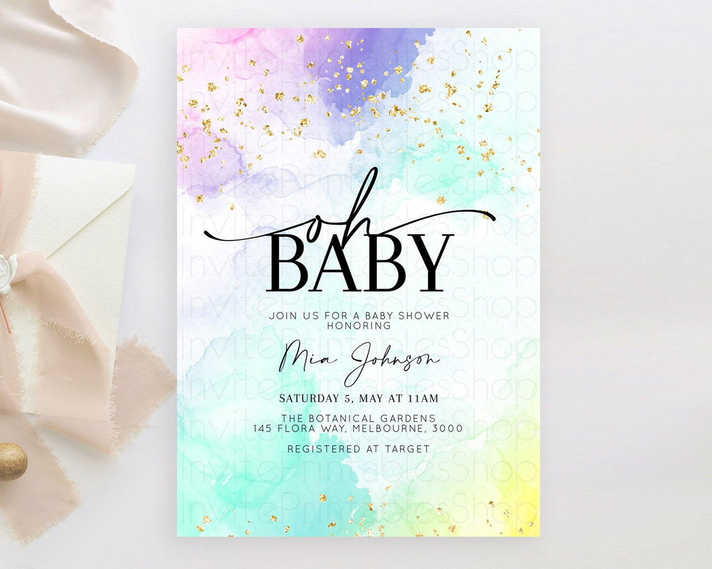 Pastel Baby Shower Invitation Rainbow Baby Shower Invitation Colorful Pastel Watercolor Invitation Gold Glitter Sprinkles Ombre D10157