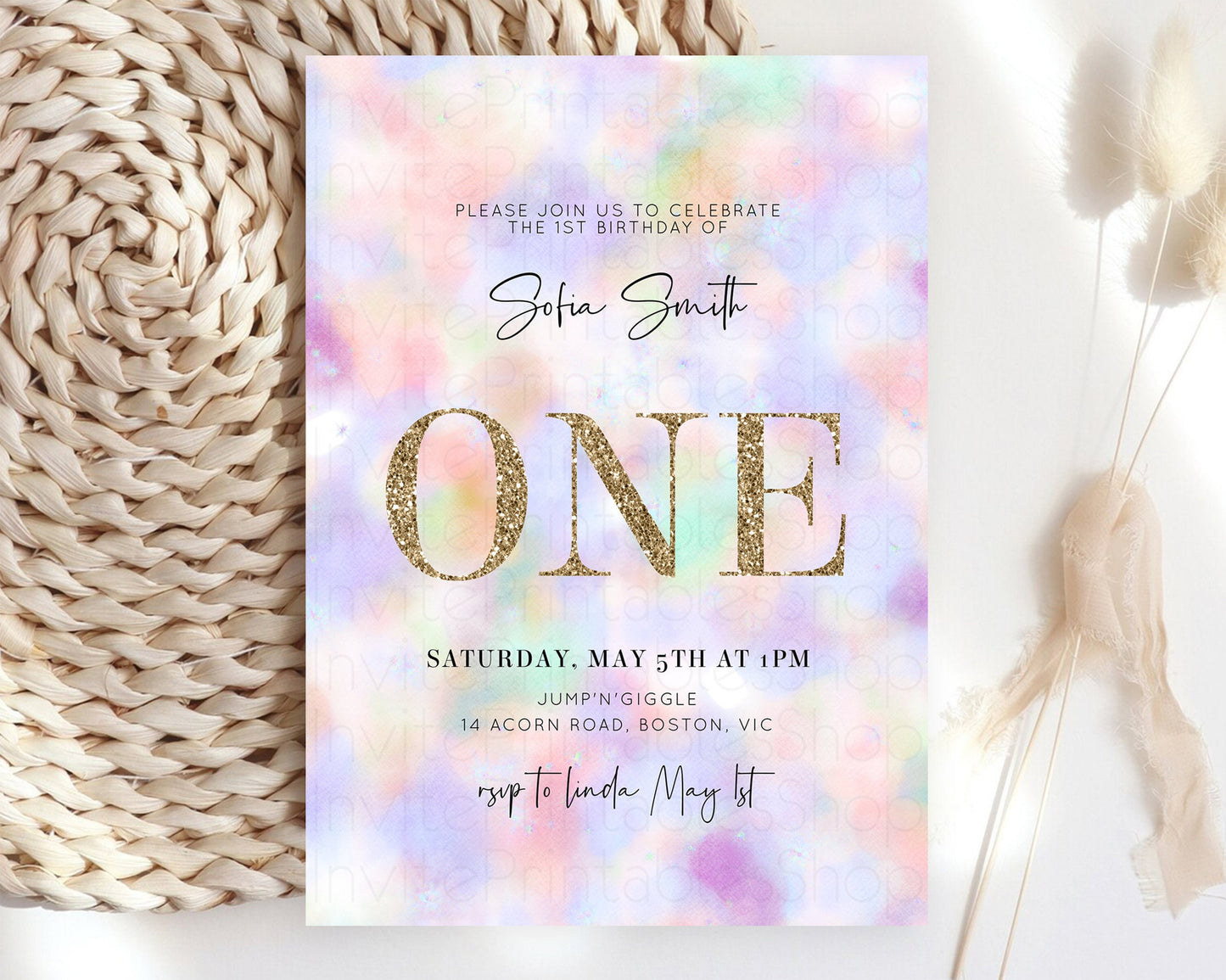 Rainbow Birthday Invitation Pastel Birthday Invite Ombre Watercolor Invite Enchanted Theme Colorful Splash Glitter Sprinkles 1st 2nd 3rd