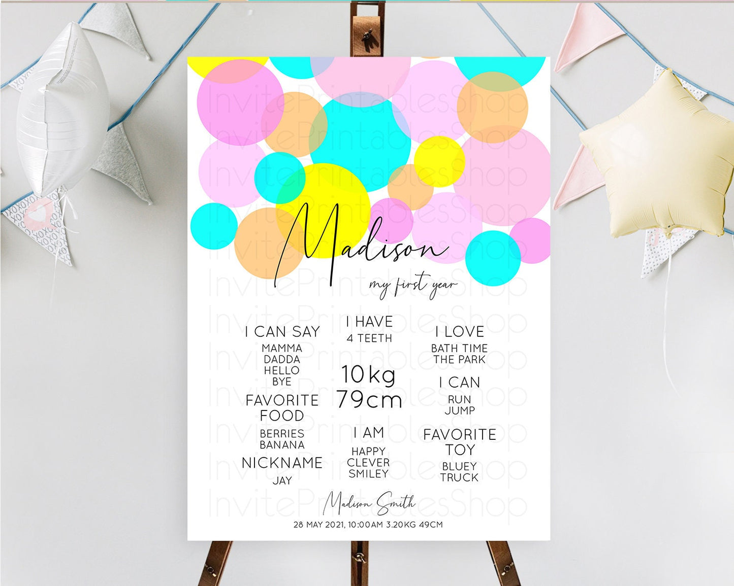 Pastel First Birthday Milestone Poster Pastel Rainbow Confetti First Birthday Milestone Board Colorful Bubbles Birthday Welcome Sign D10896