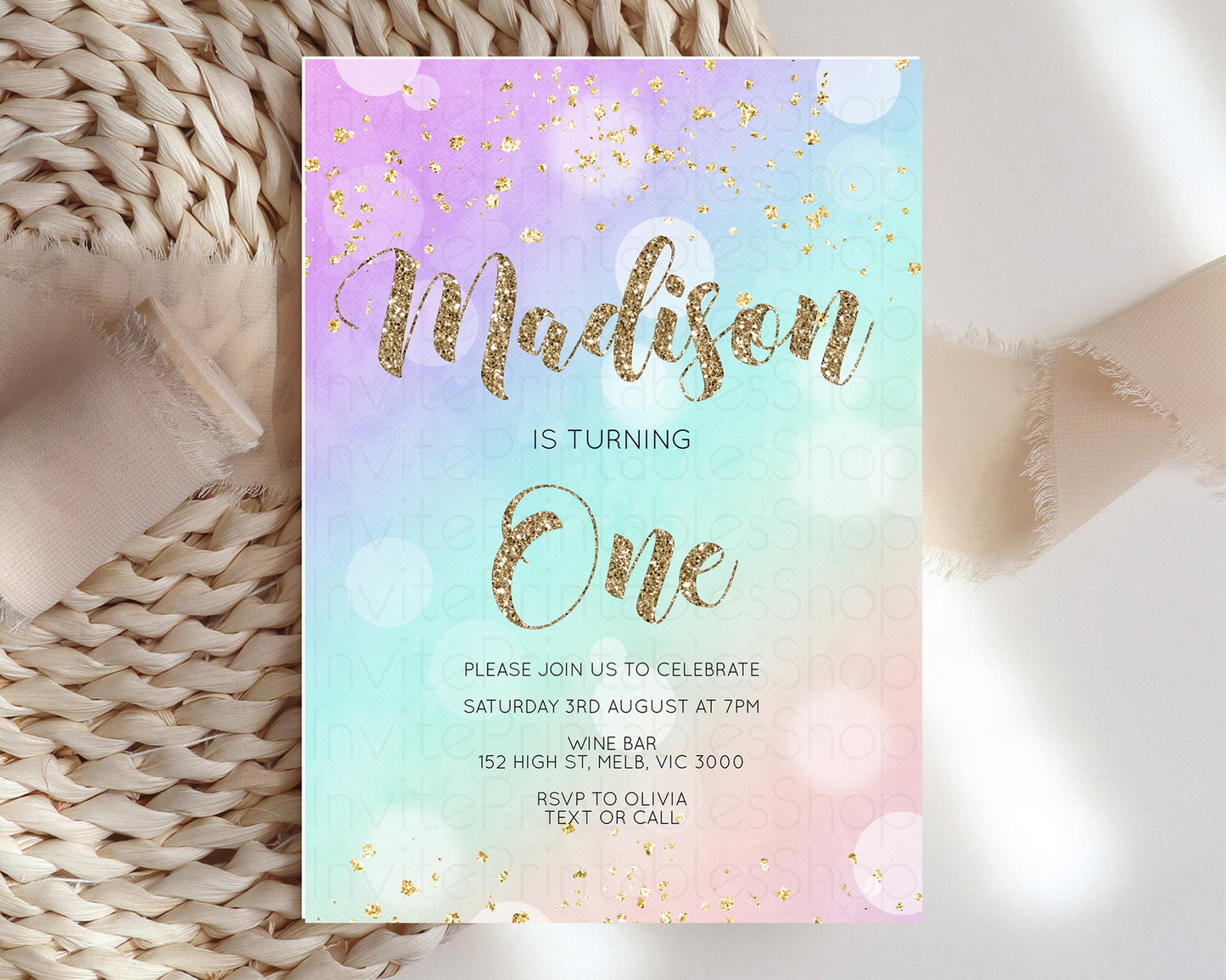 Rainbow Birthday Invitation Pastel Birthday Invite Ombre Watercolor Invite Enchanted Theme Colorful Splash Glitter Sprinkles 1st 2nd 3rd