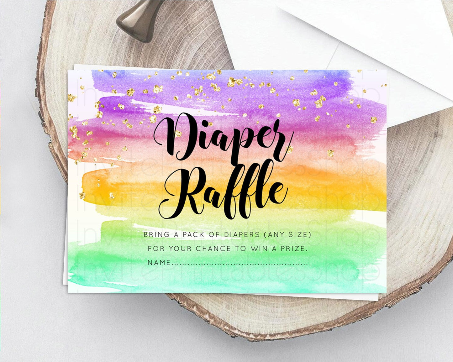 Pastel Diaper Raffle Card Pastel Rainbow Diaper Raffle Insert Colorful Ombre Watercolor Diaper Ticket Confetti Glitter Raffle Game D10524