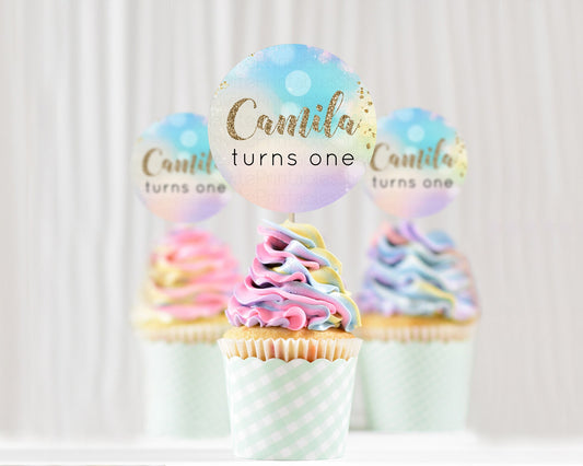 Editable Rainbow Cupcake Toppers Pastel Cupcake Toppers Colorful Pastel Wate