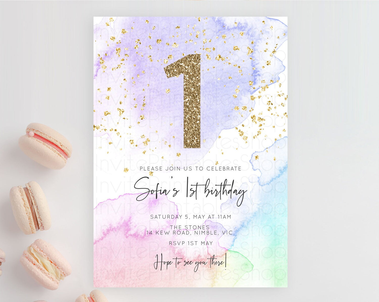 Rainbow Birthday Invitation Colorful Pastel Watercolor Invitation Gold Glitter Sprinkles Ombre Pastel 1st 2nd 3rd Birthday D10215