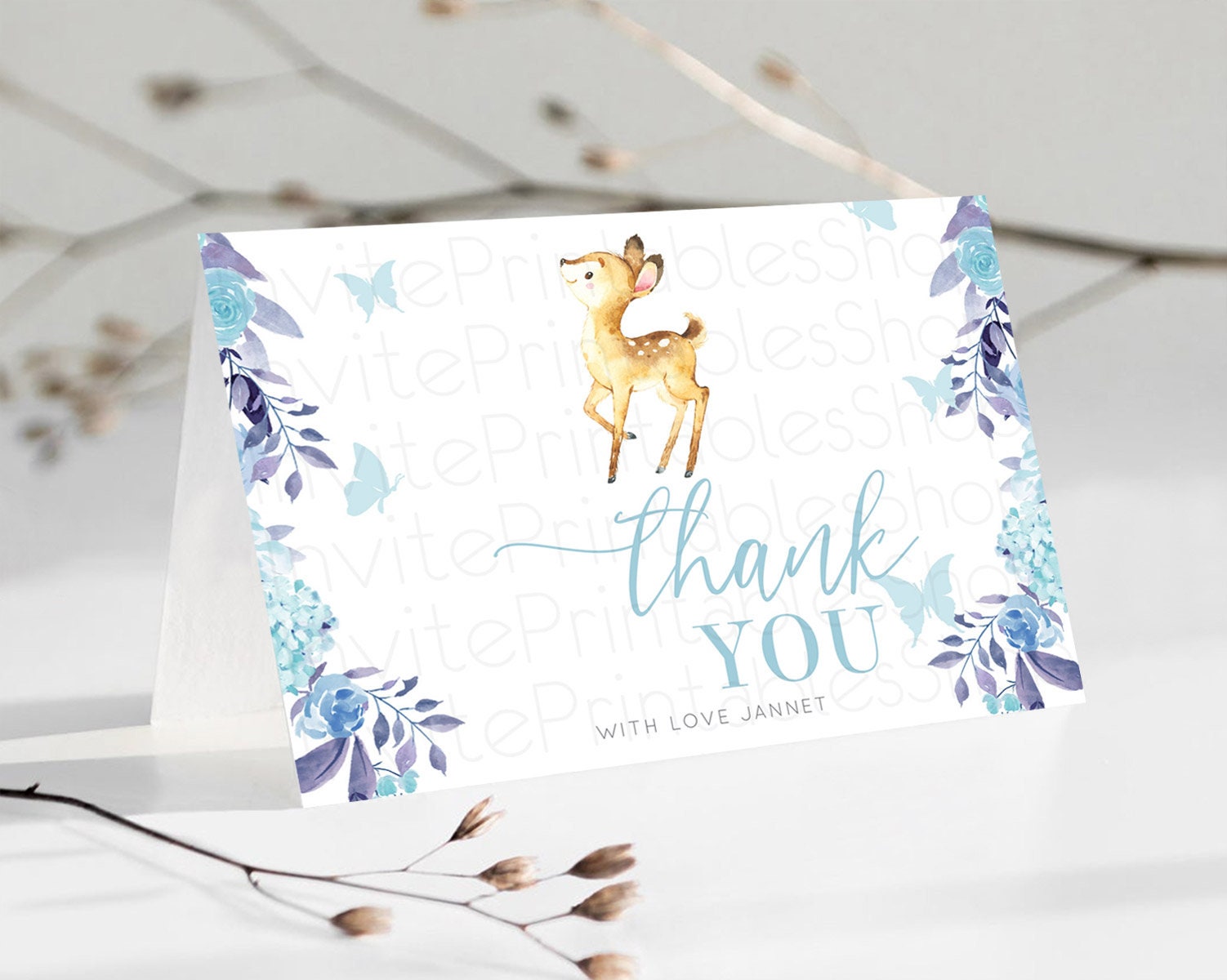 Editable Fawn Thank You Deer Thank You Card Pastel Floral Deer Birthday Than