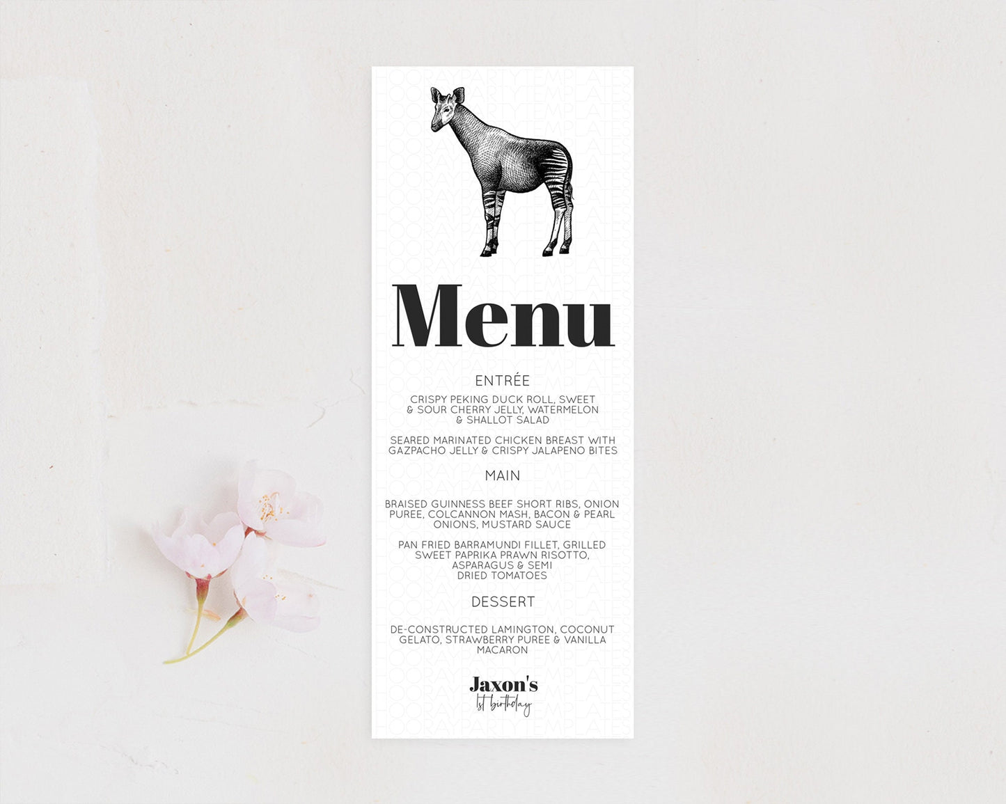 Okapi Menu Okapi Menu Template Okapi Table Decor Zoo Safari Adventure Décor Okapi Dinner Dessert Party Food Menu D10283