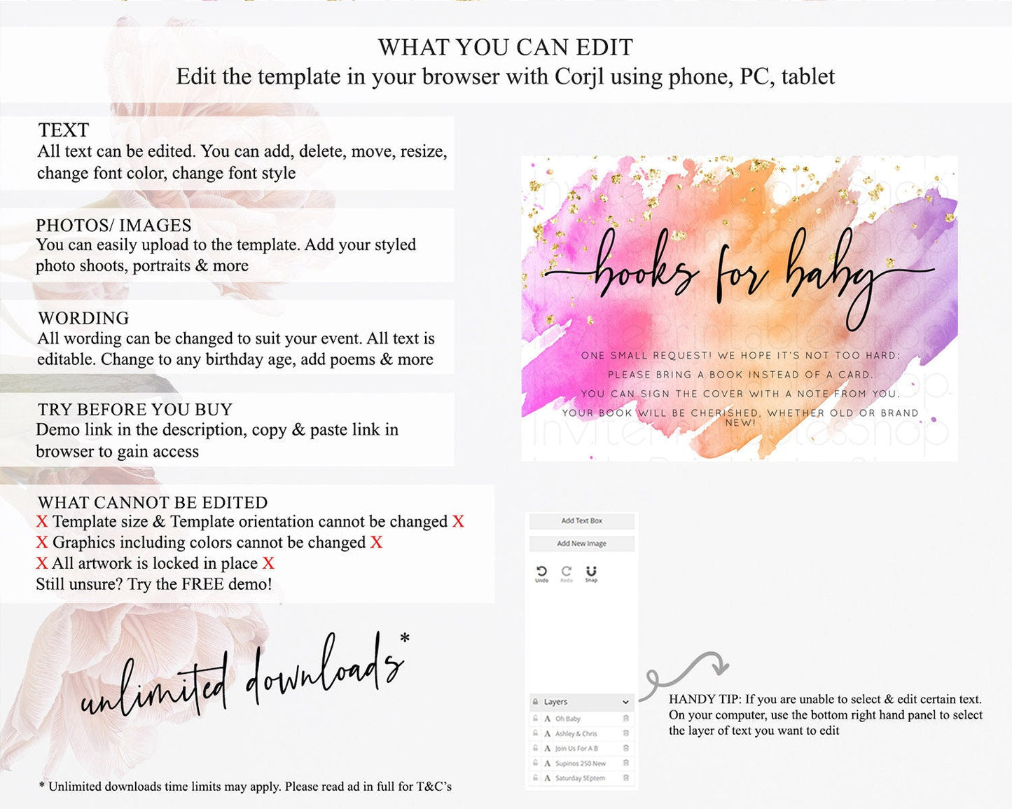 Pastel Books For Baby Card Pastel Rainbow Book Insert Colorful Ombre Watercolor Book Card Confetti Glitter Baby Book Poem Request D10488