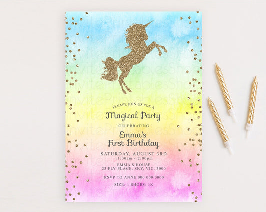 Unicorn Rainbow Birthday Invitation Pastel Birthday Invite Magical Ombre Invite Colorful Watercolor Invite Glitter Sprinkle Party D10116