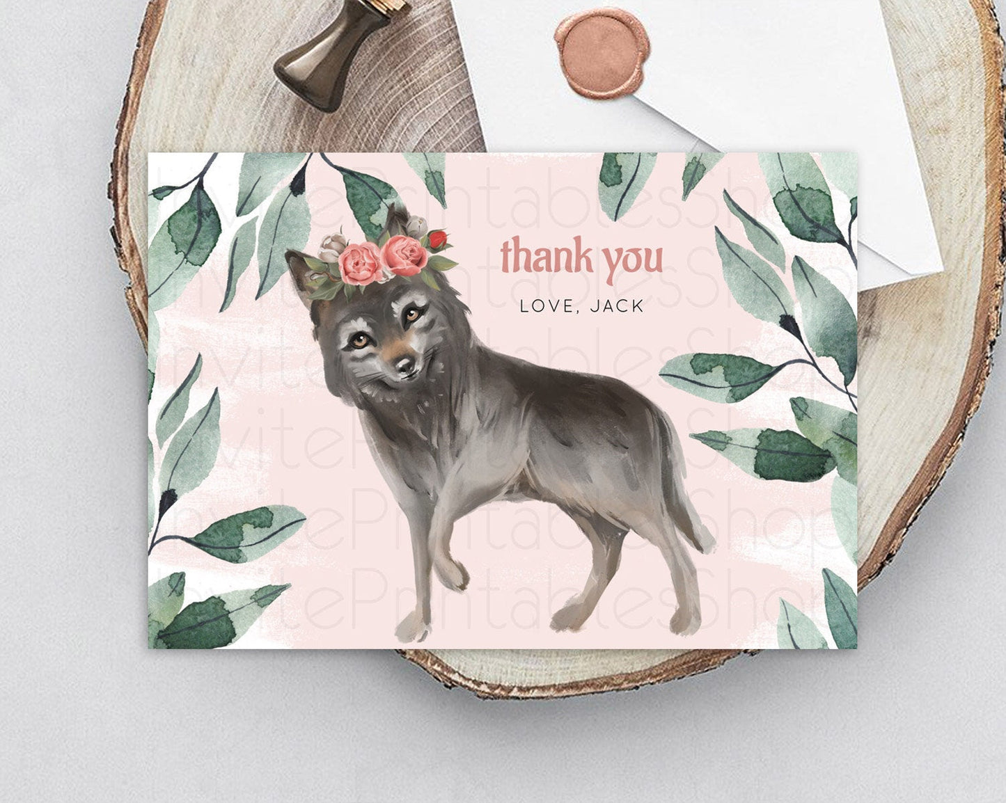Wolf Thank You Wolf Thank You Card Pastel Floral Wolf Birthday Thank You Card Forest Wolf Party Decor Wolf Birthday Thank You Cards D10535
