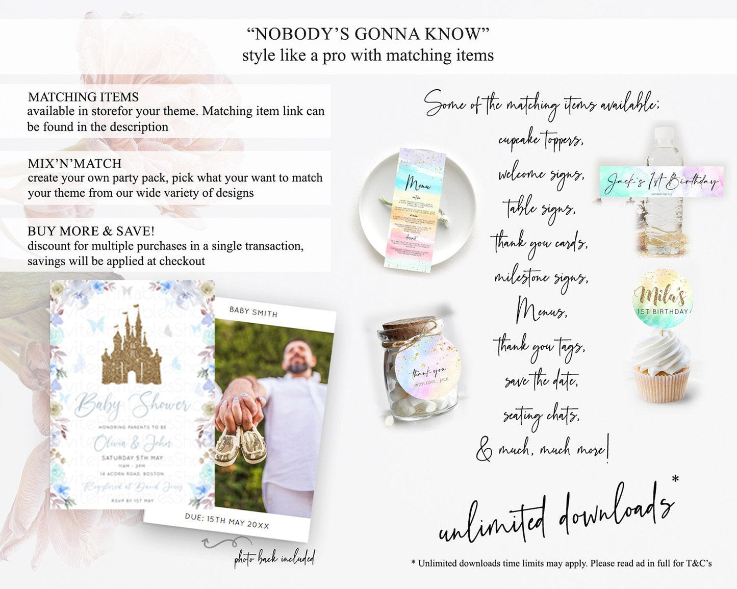 Enchanted Castle Baby Shower Invitation, Whimsical, Secret Garden Theme, Blue Grey Flowers, Soft Floral, Glitter Castle, Butterflies D10932