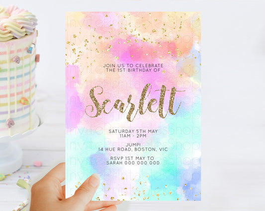 Rainbow Birthday Invitation Colorful Pastel Watercolor Invitation Gold Glitter Sprinkles Ombre Pastel 1st 2nd 3rd Birthday D10669