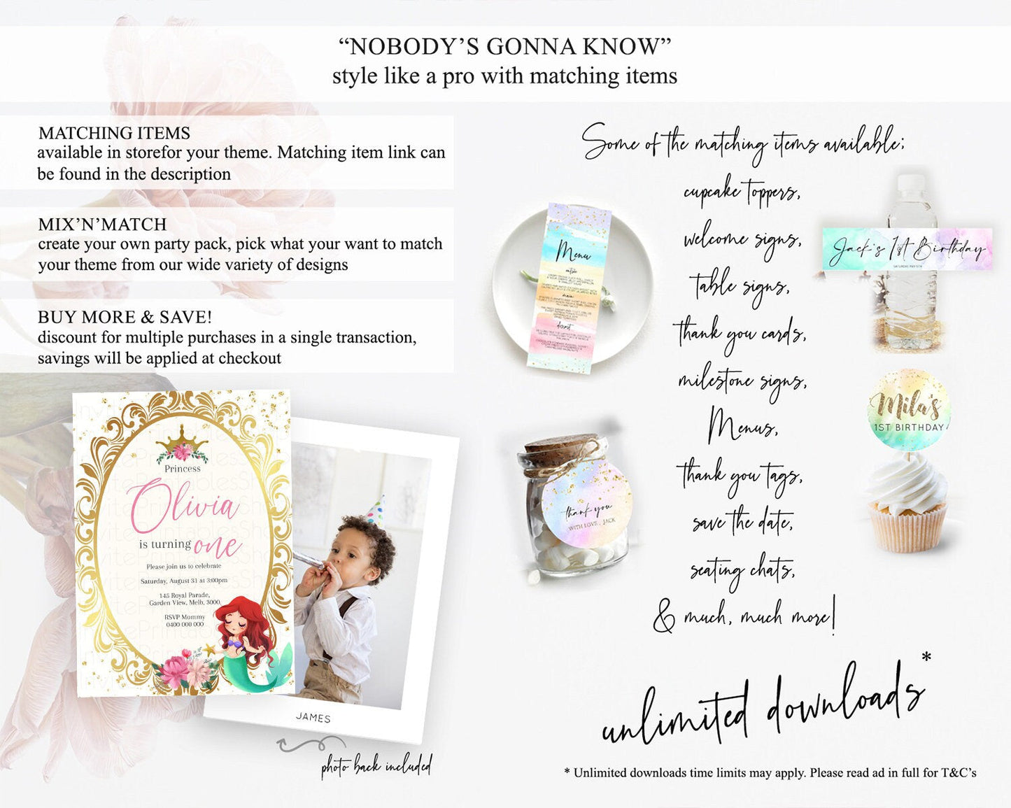 Princess Birthday Invitation Castle Invitation Royal Birthday Fairy Tale Enchanted Mirror Pastel Floral Garden 1st First Birthday D10746