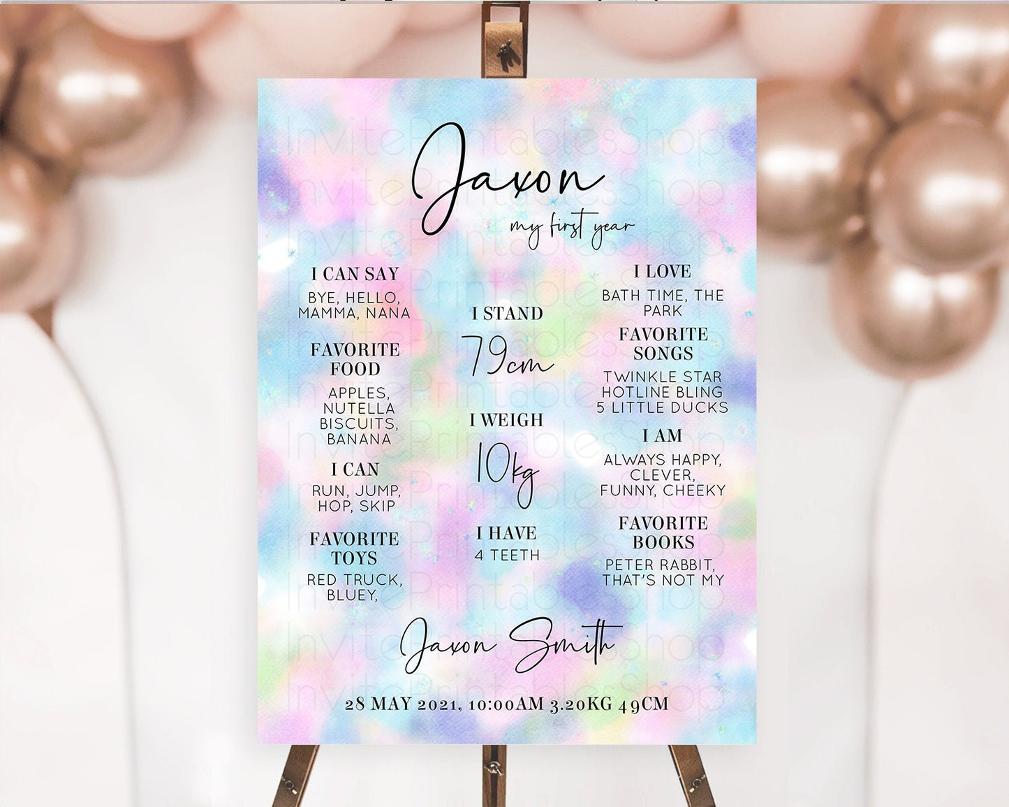 Pastel First Birthday Milestone Board Pastel Rainbow Milestone Poster Colorful Confetti Watercolor Glitter 1st Birthday Welcome Sign D10694
