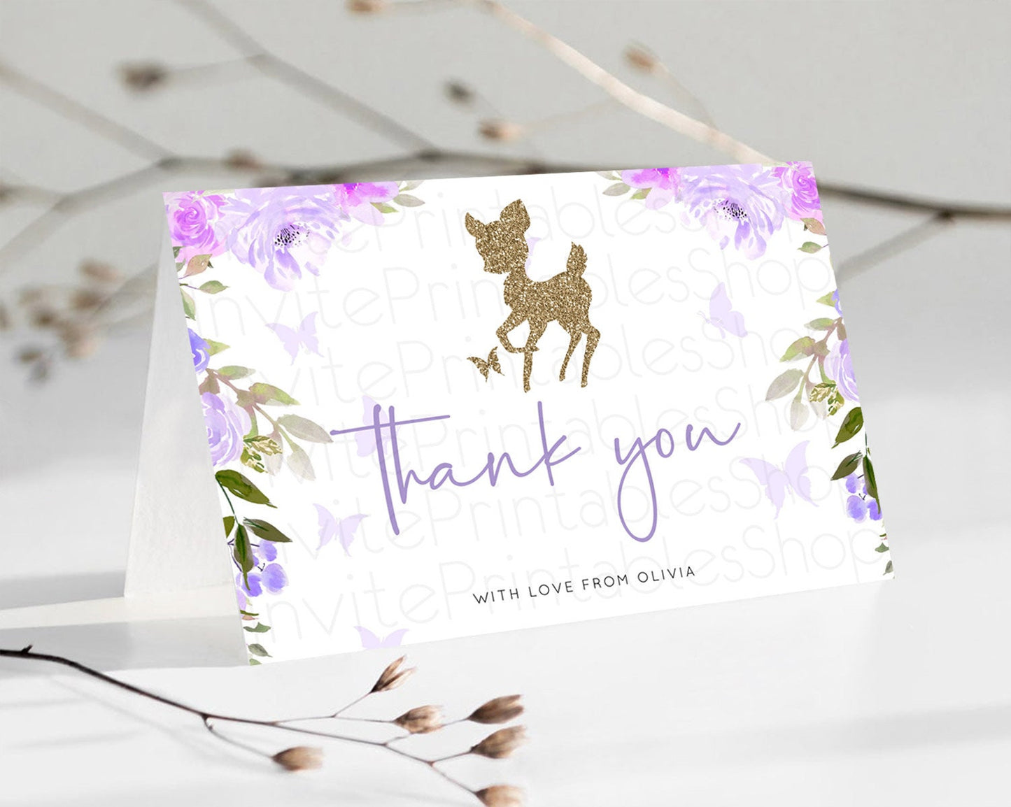 Fawn Thank You Deer Thank You Card Pastel Floral Deer Birthday Thank You Card Enchanted Forest Butterfly Deer Teacher Thank You Card D10914