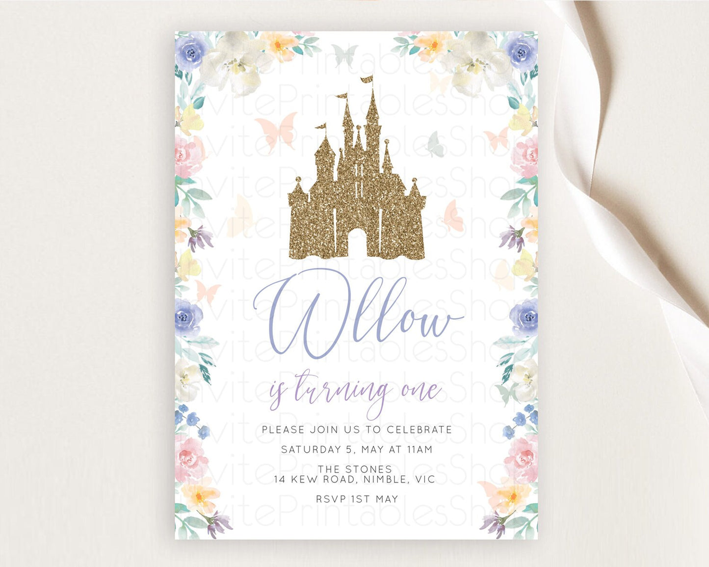 Princess Birthday Invitation Castle Invitation Royal Birthday Fairy Tale Enchanted Castle Pastel Floral Garden 1st First Birthday D10931