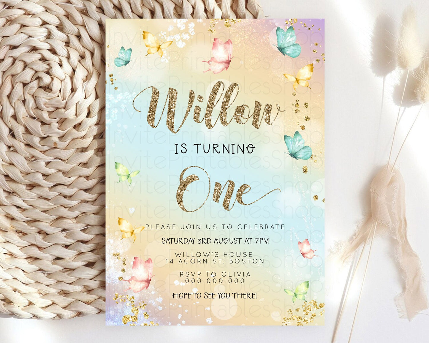 Pastel Butterfly Birthday Invitation Butterfly Birthday Invitation Colorful Splash Glitter Butterfly Garden 1st 2nd Birthday D23087