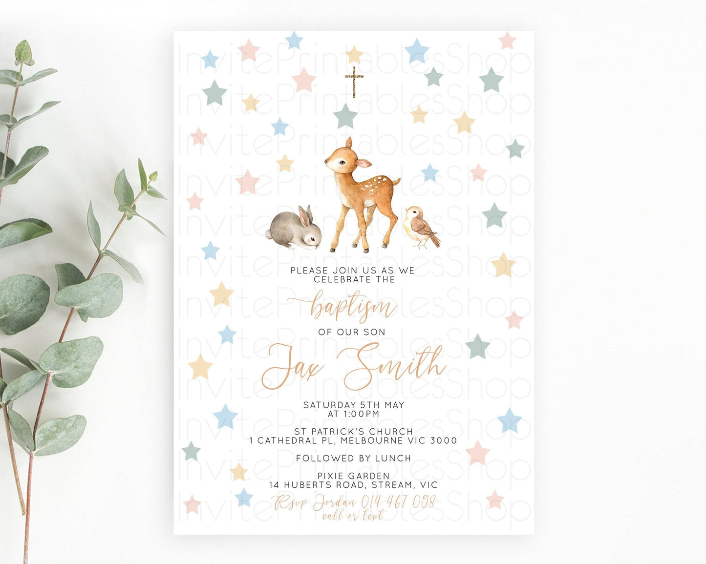 Fawn Baptism Invitation Deer Baptism 1st Birthday Invitation Enchanted Forest Christening Invitation Pastel Garden Butterfly Floral D10918