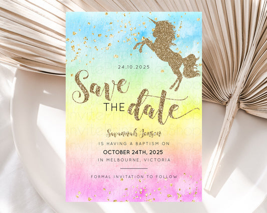 Unicorn Rainbow Save The Date Template Pastel Unicorn Party Magical Pastel Ombre Watercolor Unicorn 1st Birthday Baptism Baby Shower D10499