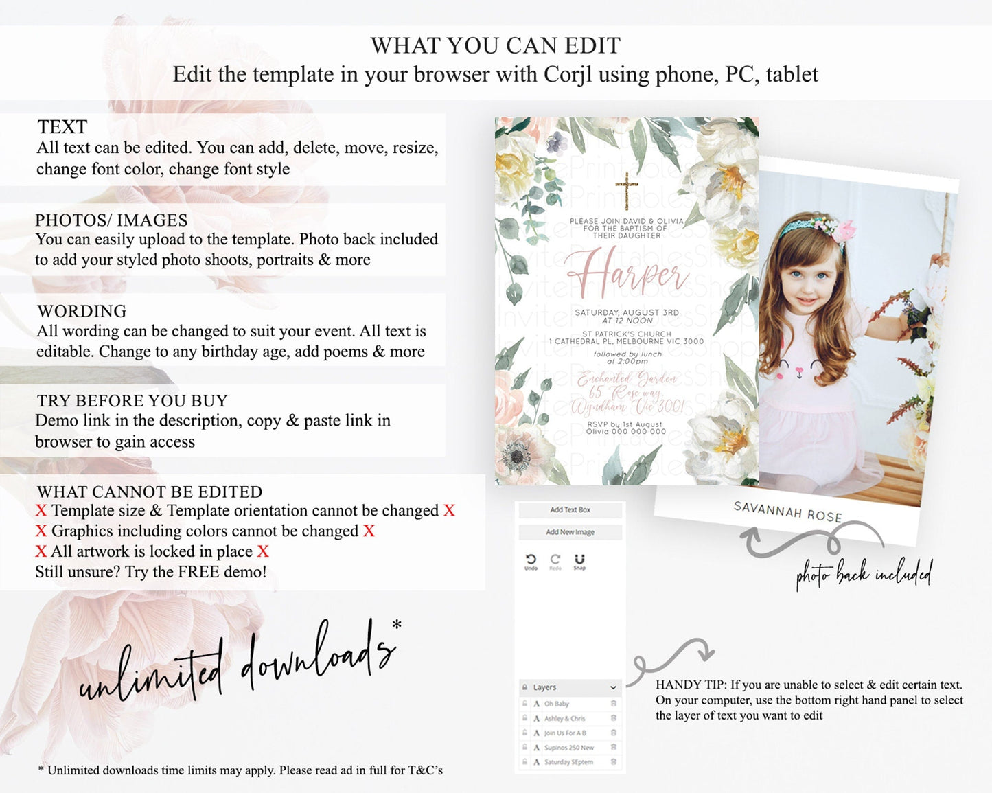 Secret Garden Baptism Invitation Wildflower Baptism Birthday Invite Pastel Flowers Christening Invite Enchanted Garden Boho Floral D10121