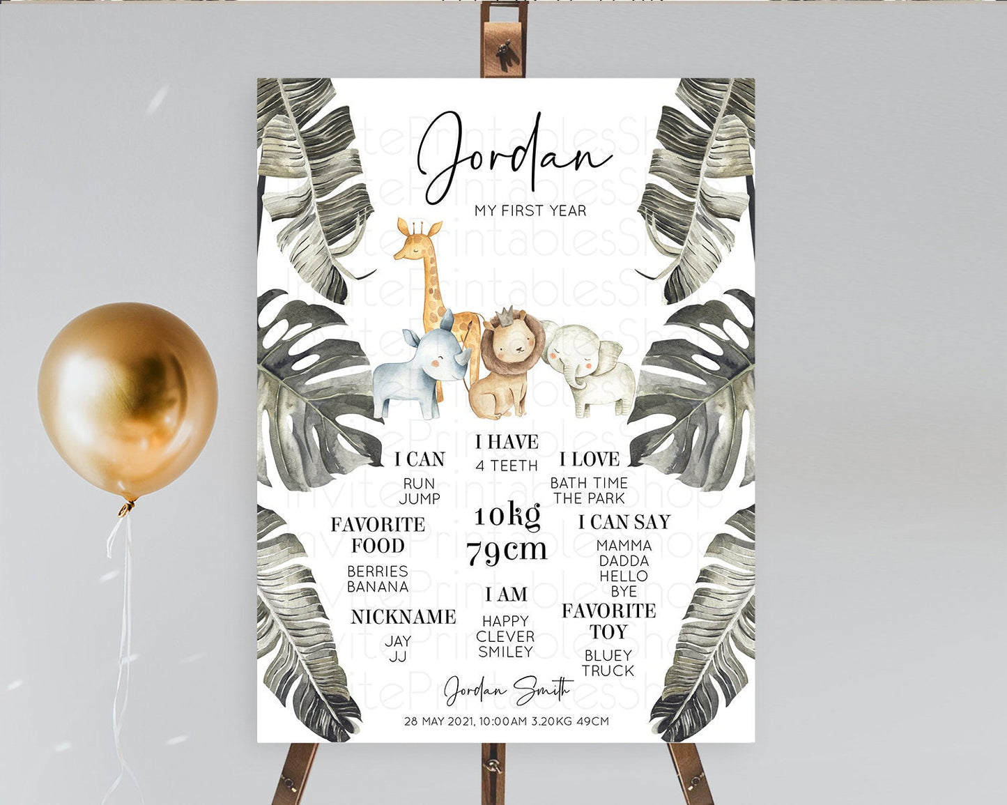 Safari First Birthday Milestone Poster Lion Gorilla Elephant Rhino Tropical Palm Jungle Zoo Party Animal 1st Birthday Welcome Sign D10599
