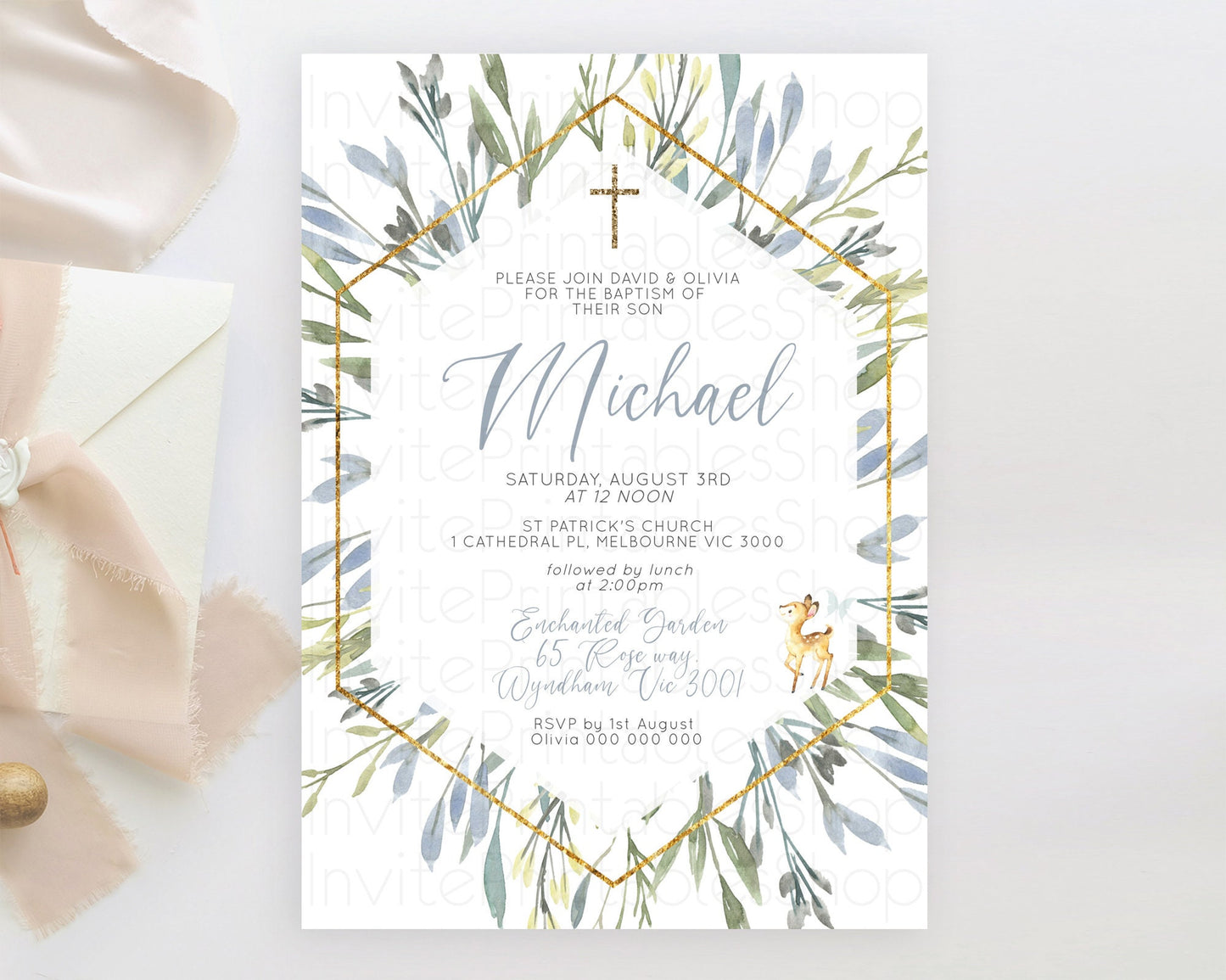 Fawn Baptism Invitation Deer Baptism 1st Birthday Invitation Enchanted Forest Christening Invitation Pastel Garden Butterfly Floral D10400