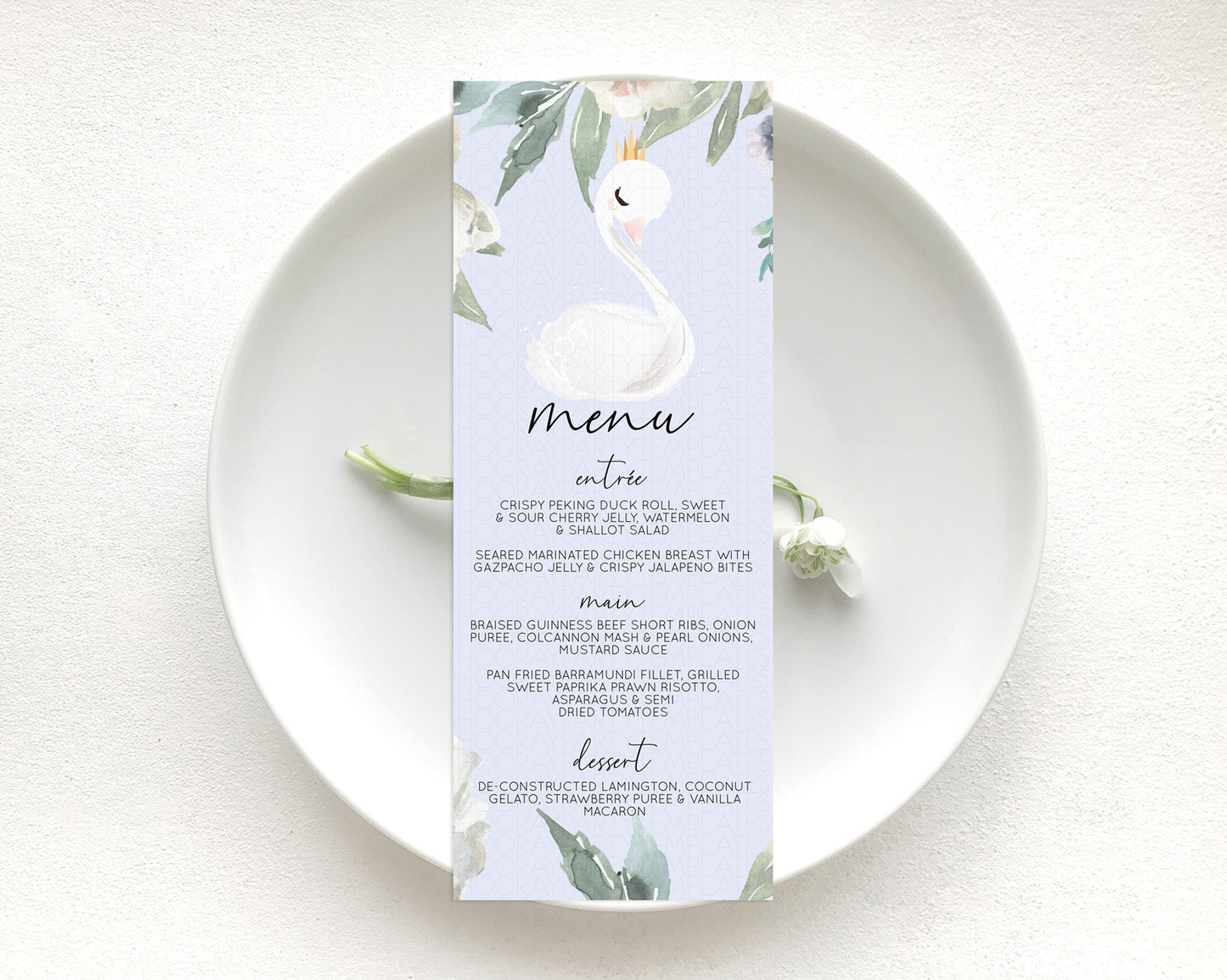 Swan Menu Swan Princess Ballet Menu Template Enchanted Swan Lake Table Decor Secret Garden Pastel Floral Dinner Dessert Food Menu  D10756