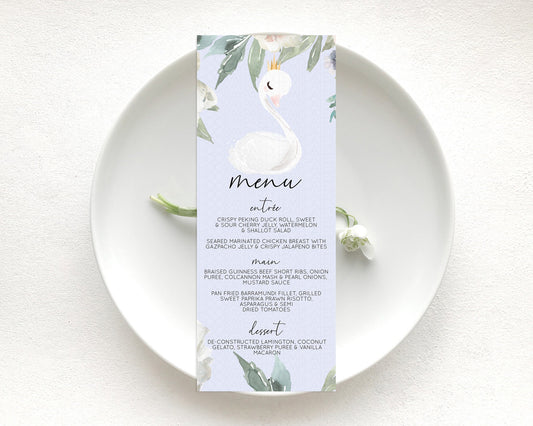 Swan Menu Swan Princess Ballet Menu Template Enchanted Swan Lake Table Decor Secret Garden Pastel Floral Dinner Dessert Food Menu  D10756