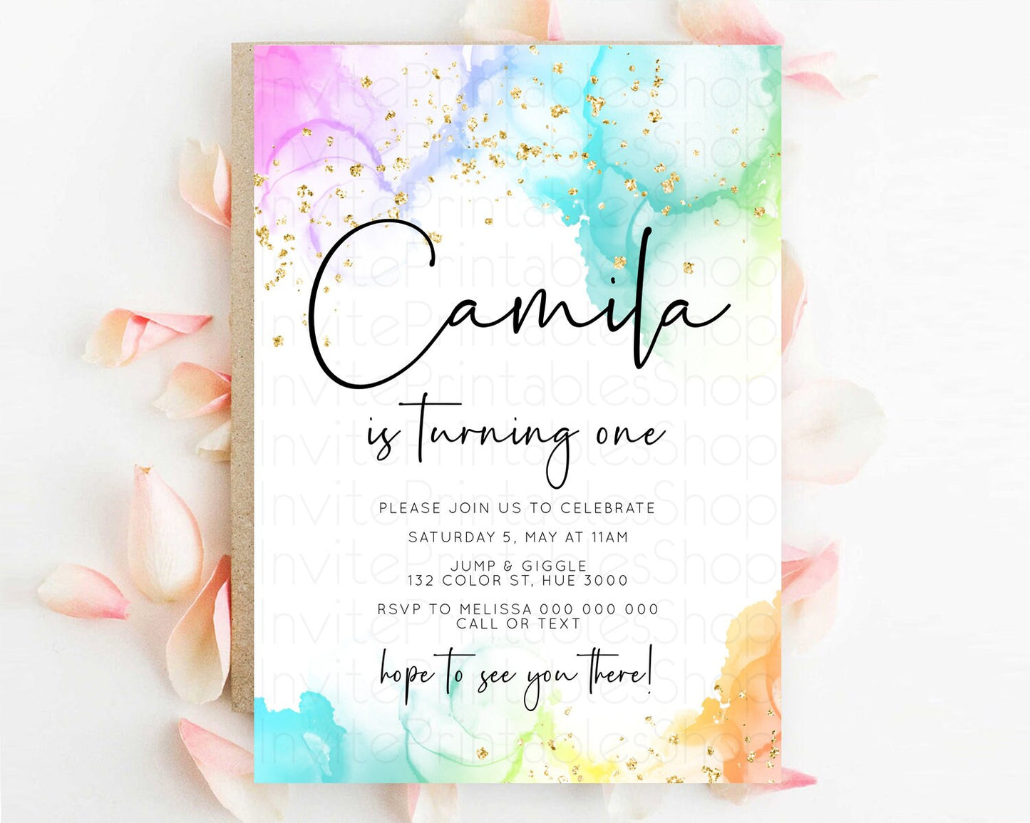 Editable Rainbow Birthday Invitation Colorful Pastel Watercolor Invitation G