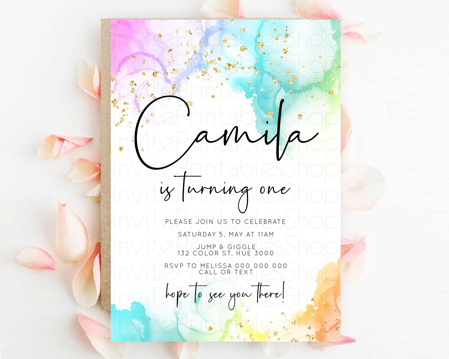 Editable Rainbow Birthday Invitation Colorful Pastel Watercolor Invitation G