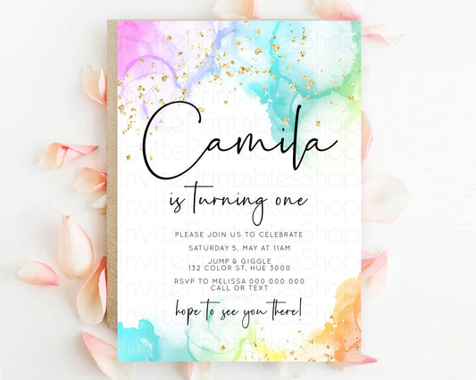 Editable Rainbow Birthday Invitation Colorful Pastel Watercolor Invitation G