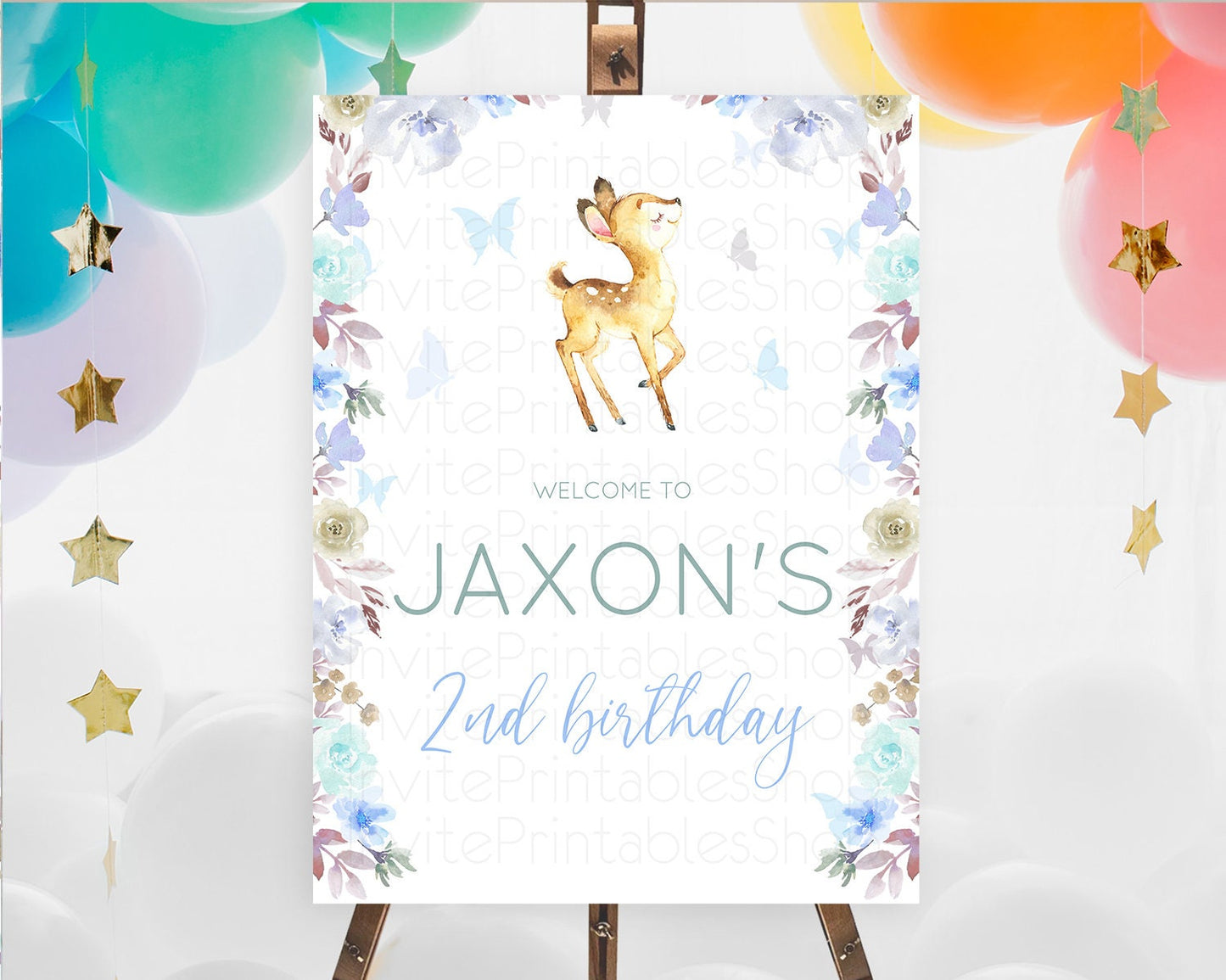 Fawn Welcome Sign Deer Welcome Board Floral Deer Welcome Poster Enchanted Forest Butterfly Pastel Floral First Birthday Welcome Sign D10960