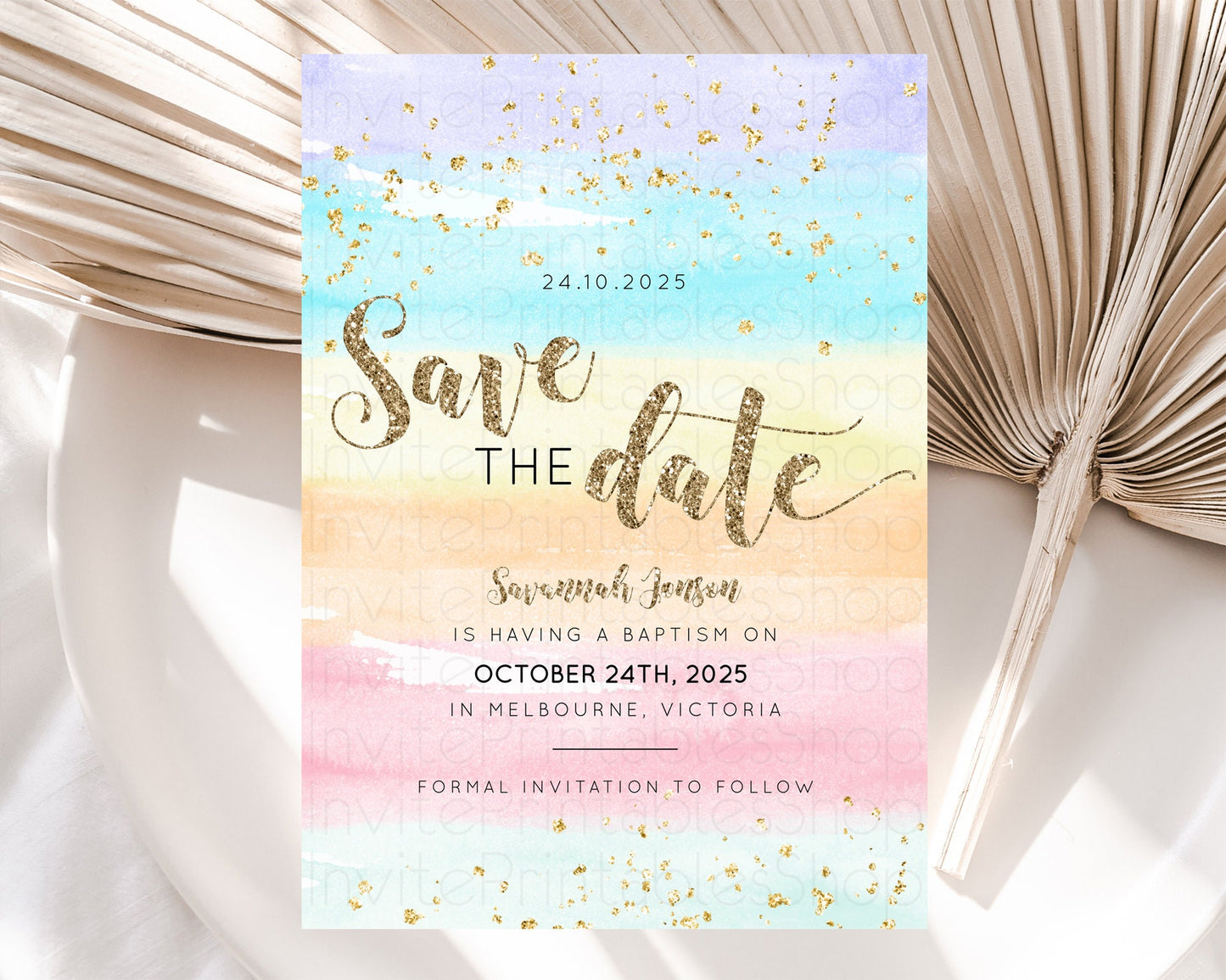 Pastel Save The Date Template Pastel Ombre Rainbow Watercolor Colorful Party For Birthday Baptism Baby Shower Wedding Bridal Shower D10508