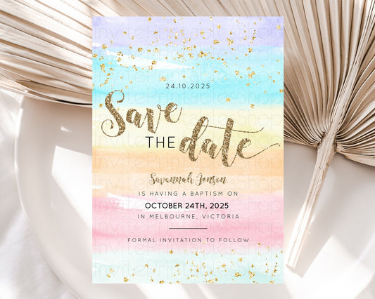 Pastel Save The Date Template Pastel Ombre Rainbow Watercolor Colorful Party For Birthday Baptism Baby Shower Wedding Bridal Shower D10508