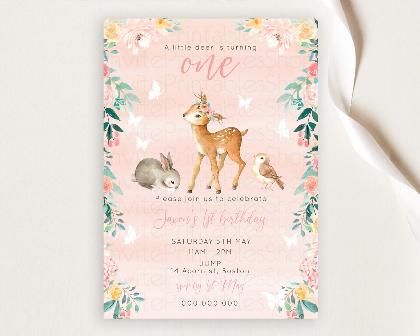 Fawn Birthday Invitation Deer Birthday Invitation Enchanted Forest Party Butterfly Pastel Flowers Whimsical 2nd 1st First Birthday D10921