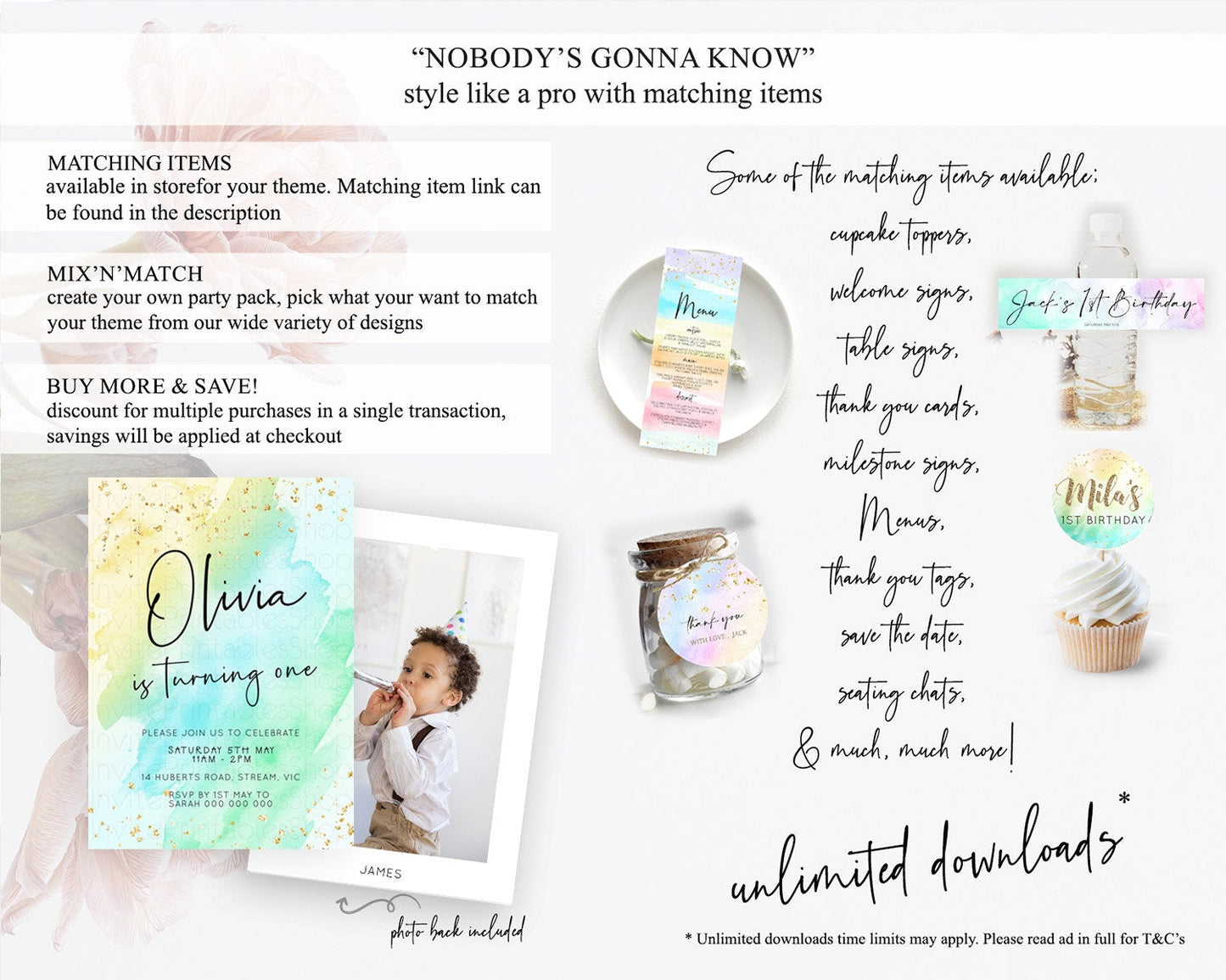 Pastel Birthday Invitation Ombre Watercolor Birthday Invitation Glitter Rainbow Color Splash 1st 2nd 3rd Birthday Invitation D23058