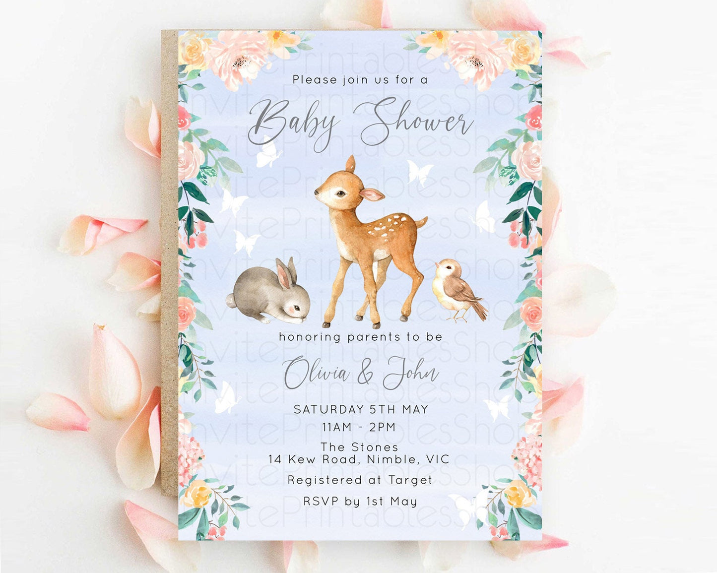 Deer Baby Shower Invitation, Whimsical Enchanted Forest Fawn and Butterflies, Soft Pastel Watercolor Blue, Pink Green Floral Accents D10920
