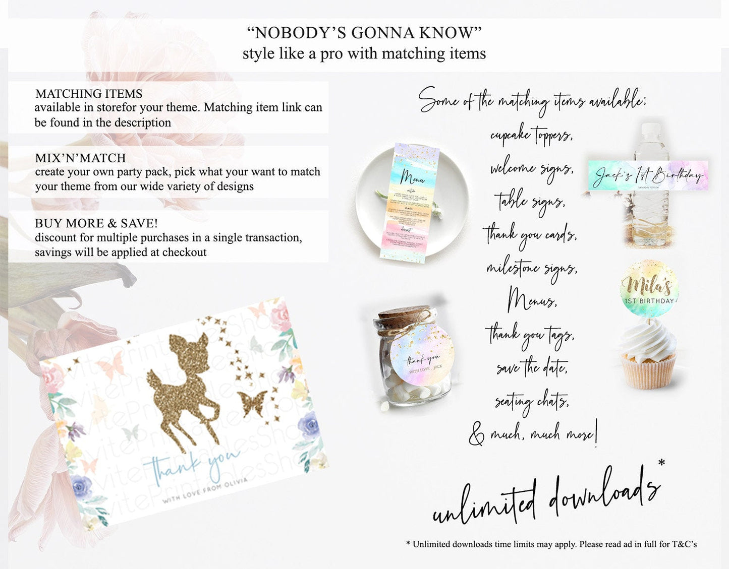 Fawn Thank You Deer Thank You Card Pastel Floral Deer Birthday Thank You Card Enchanted Forest Butterfly Deer Teacher Thank You Card D10878