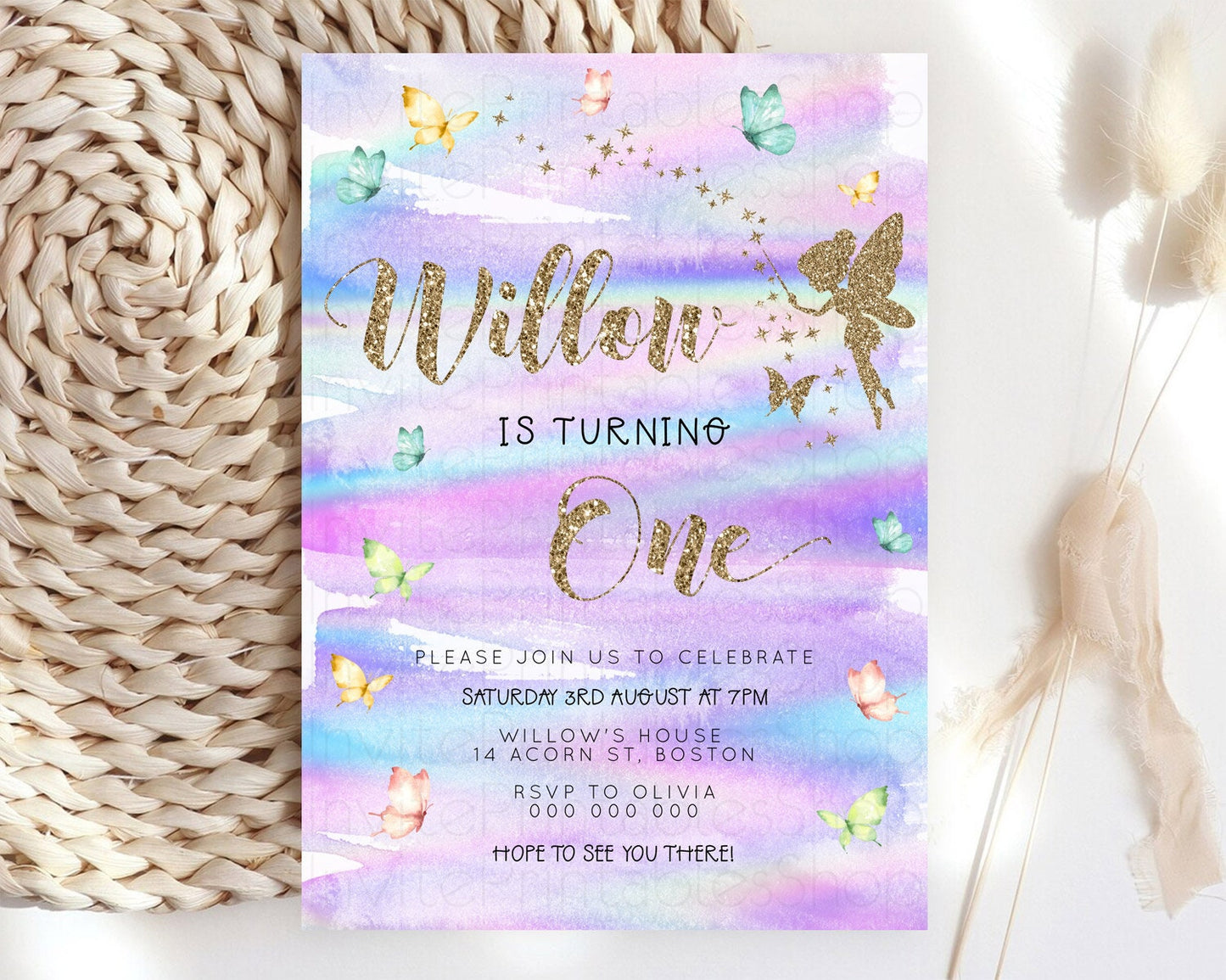 Pastel Fairy Birthday Invitation Pastel Butterflies Fairy Birthday Invitation Rainbow Ombre Watercolor 1st 2nd Birthday Invitation D23309