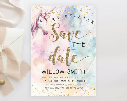 Unicorn Rainbow Save The Date Template Pastel Unicorn Party Magical Pastel Ombre Watercolor Unicorn 1st Birthday Baptism Baby Shower D10912