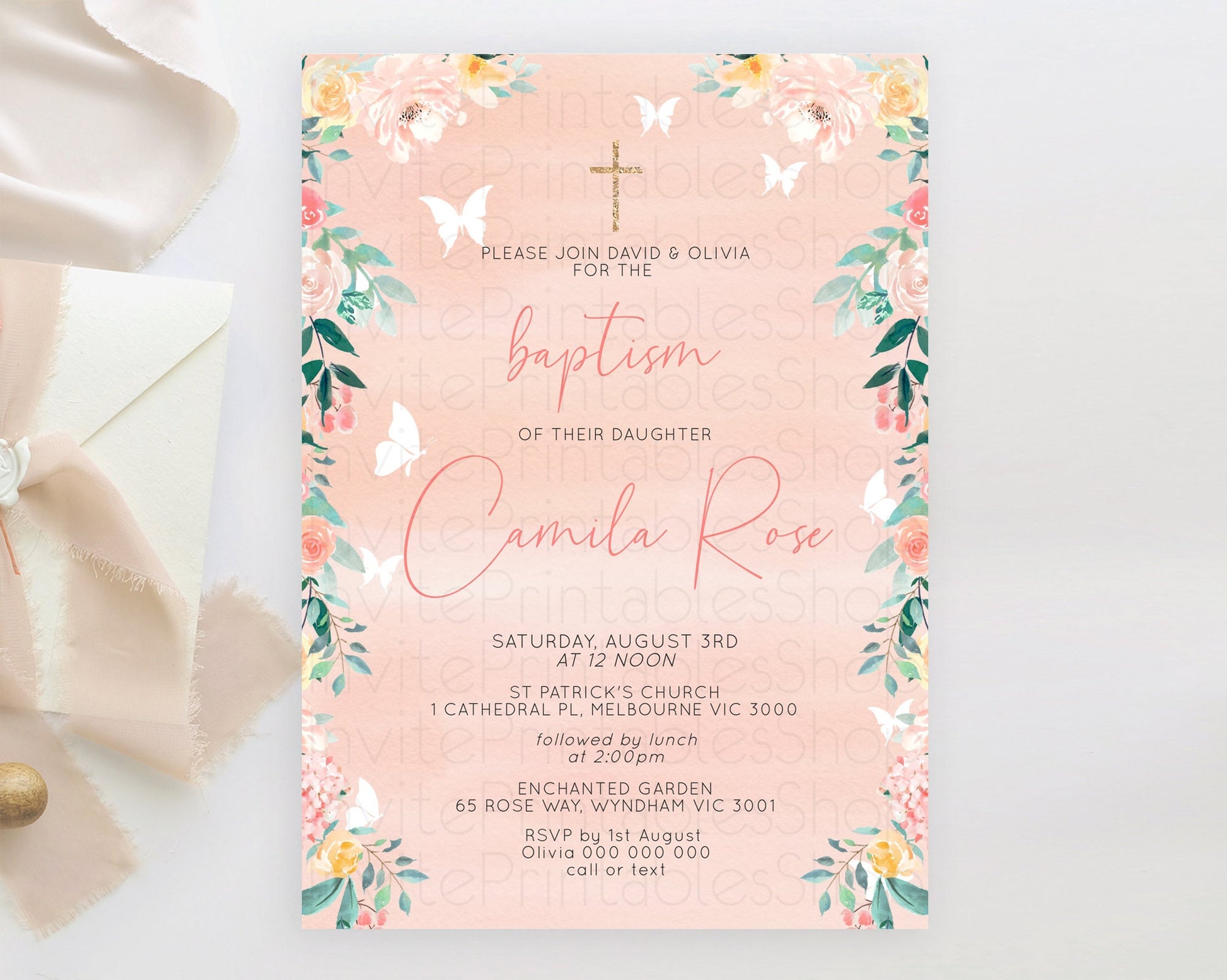 Editable Secret Garden Baptism Invitation Wildflower Baptism Birthday Invite