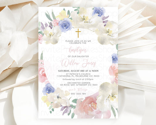 Secret Garden Baptism Invitation Wildflower Baptism Birthday Invite Pastel Flowers Christening Invite Enchanted Garden Boho Floral  D10841