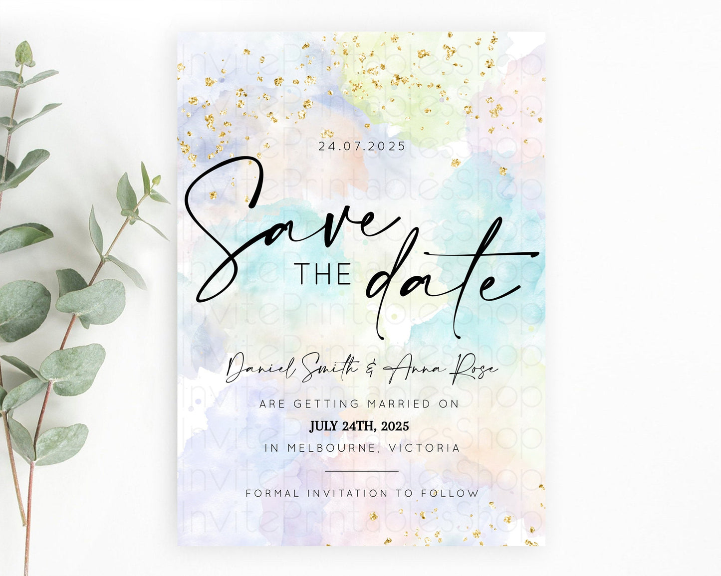 Pastel Save The Date Template Pastel Ombre Rainbow Watercolor Colorful Party For Birthday Baptism Baby Shower Wedding Bridal Shower D10613