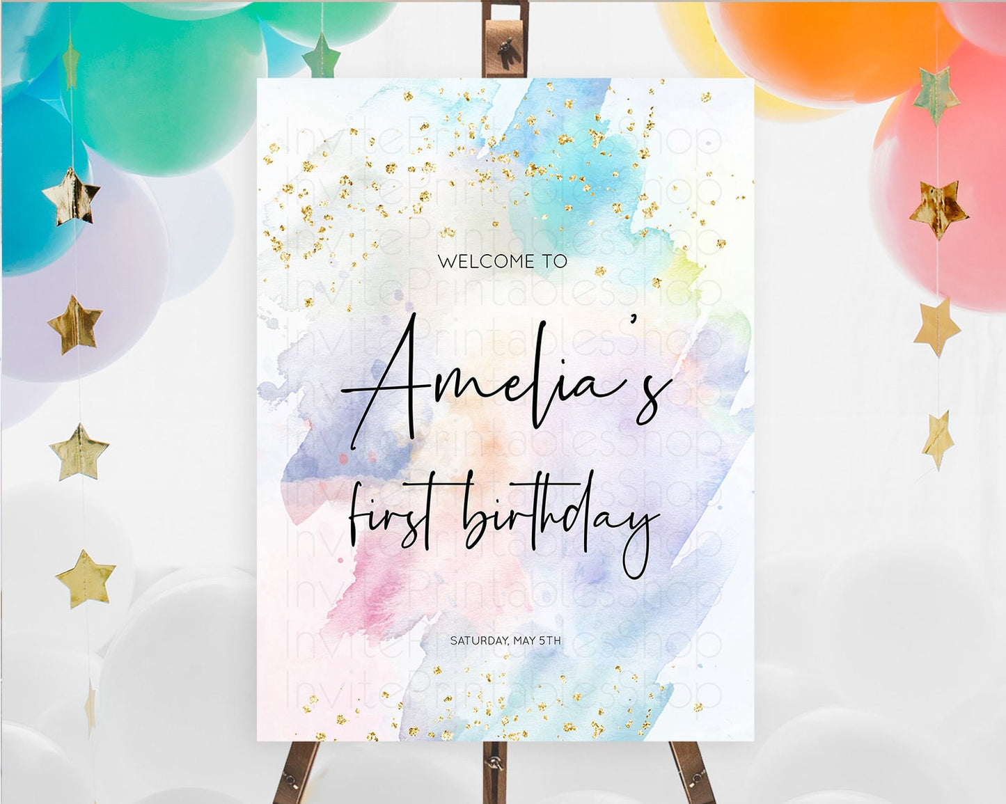 Pastel Welcome Sign Pastel Rainbow Welcome Sign Colorful Rainbow Confetti Watercolor Glitter Pastel First Birthday Welcome Sign D10422