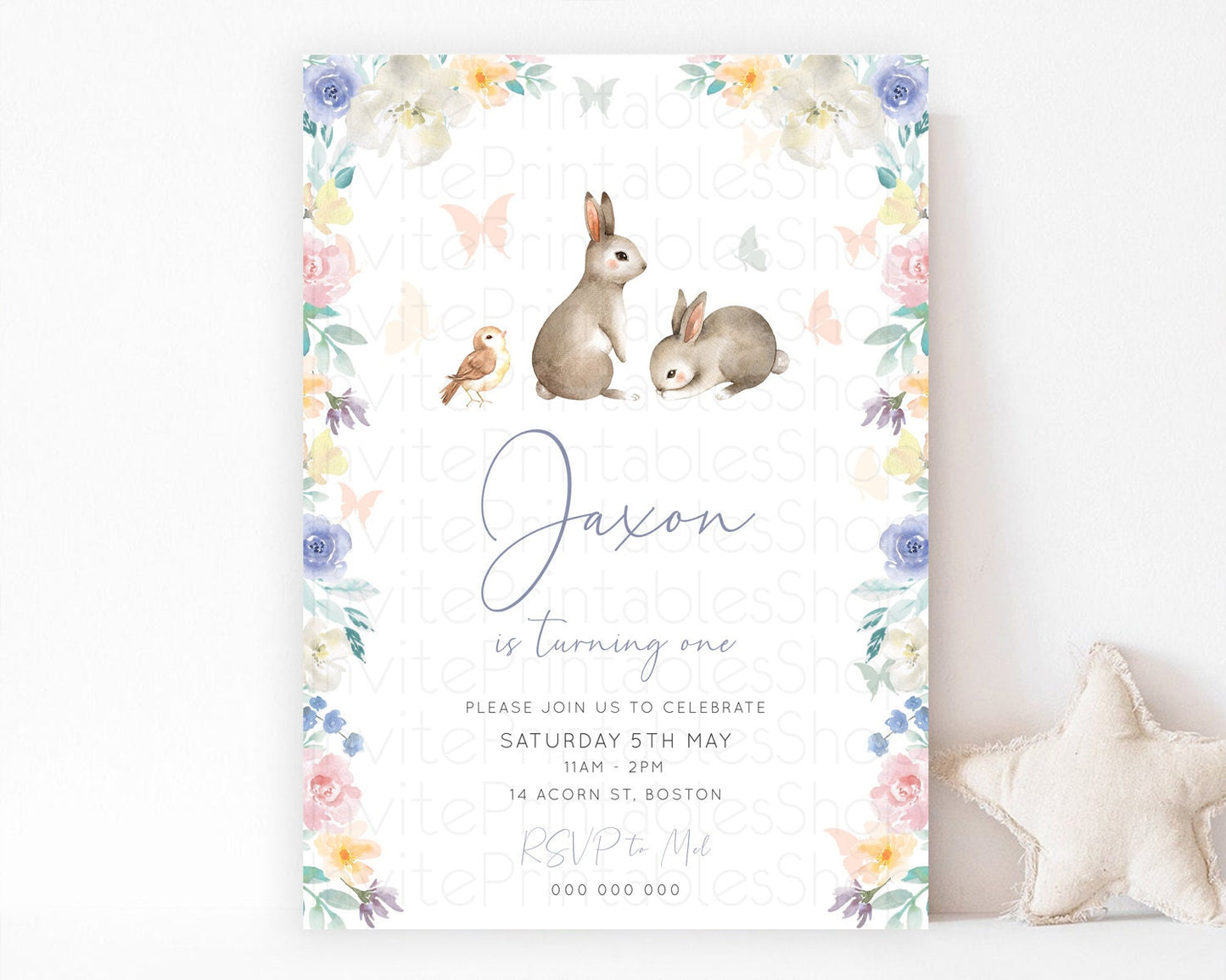 Bunny Birthday Invitation Floral Bunny Invitation Pastel Bunny Invites Pastel Watercolor Woodland Bunny Party 2nd 1st First Birthday D10928