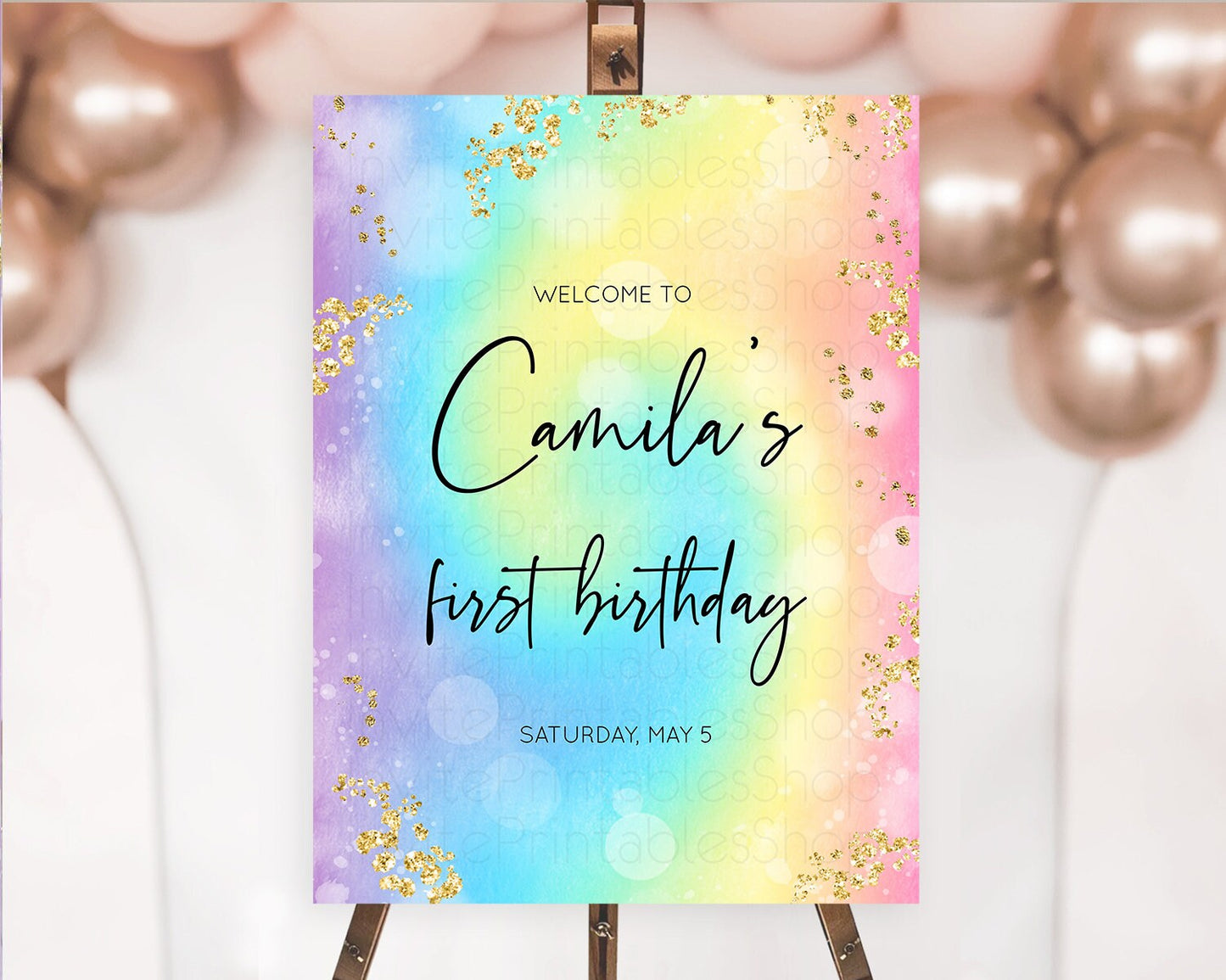 Pastel Welcome Sign Pastel Rainbow Welcome Sign Colorful Rainbow Confetti Watercolor Glitter Pastel First Birthday Welcome Sign D10568