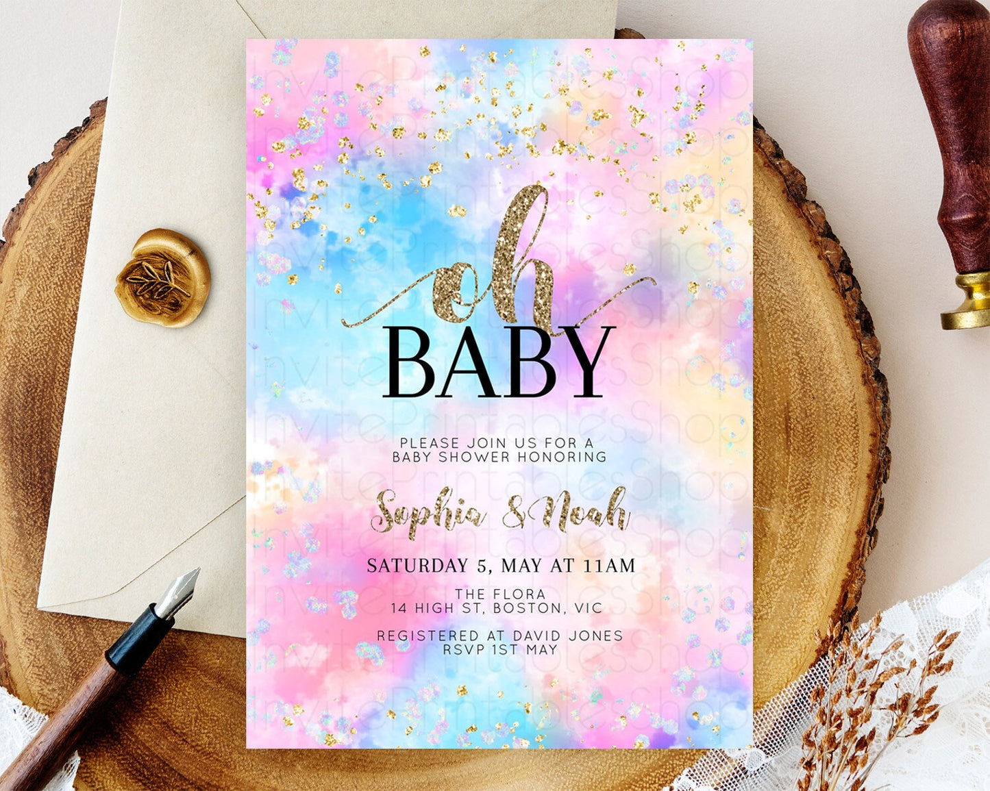 Pastel Baby Shower Invitation Rainbow Baby Shower Invitation Colorful Pastel Watercolor Invitation Gold Glitter Sprinkles Ombre D10608