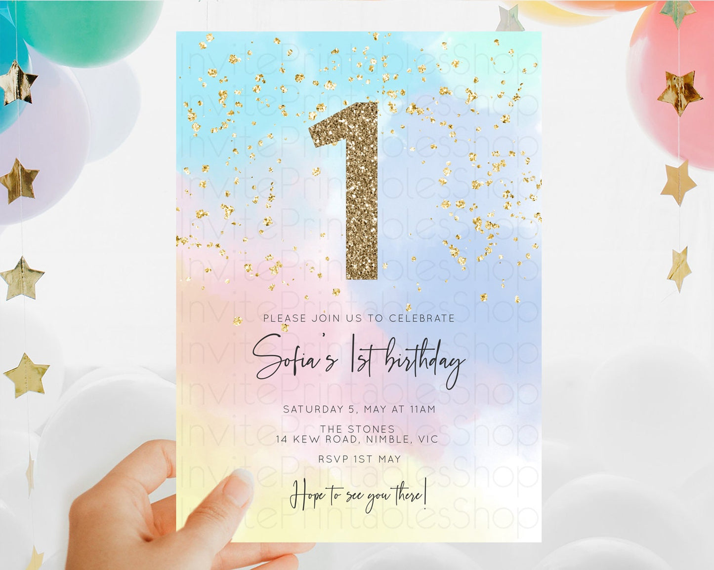 Rainbow Birthday Invitation Colorful Pastel Watercolor Invitation Gold Glitter Sprinkles Ombre Pastel 1st 2nd 3rd Birthday D10368