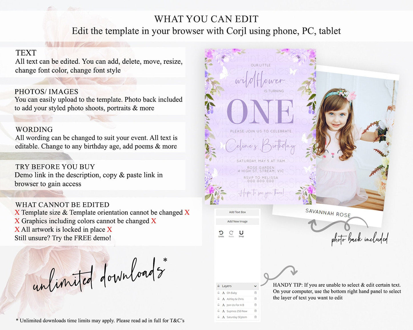 Secret Garden Invitation Wildflower Birthday Invitation Pastel Flowers Invite Enchanted Garden Boho Floral 3rd 2nd First Birthday D10719
