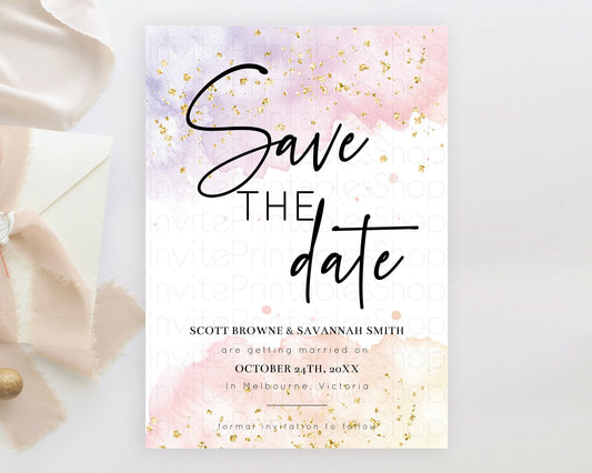 Editable Pastel Save The Date Template Pastel Ombre Rainbow Watercolor Color