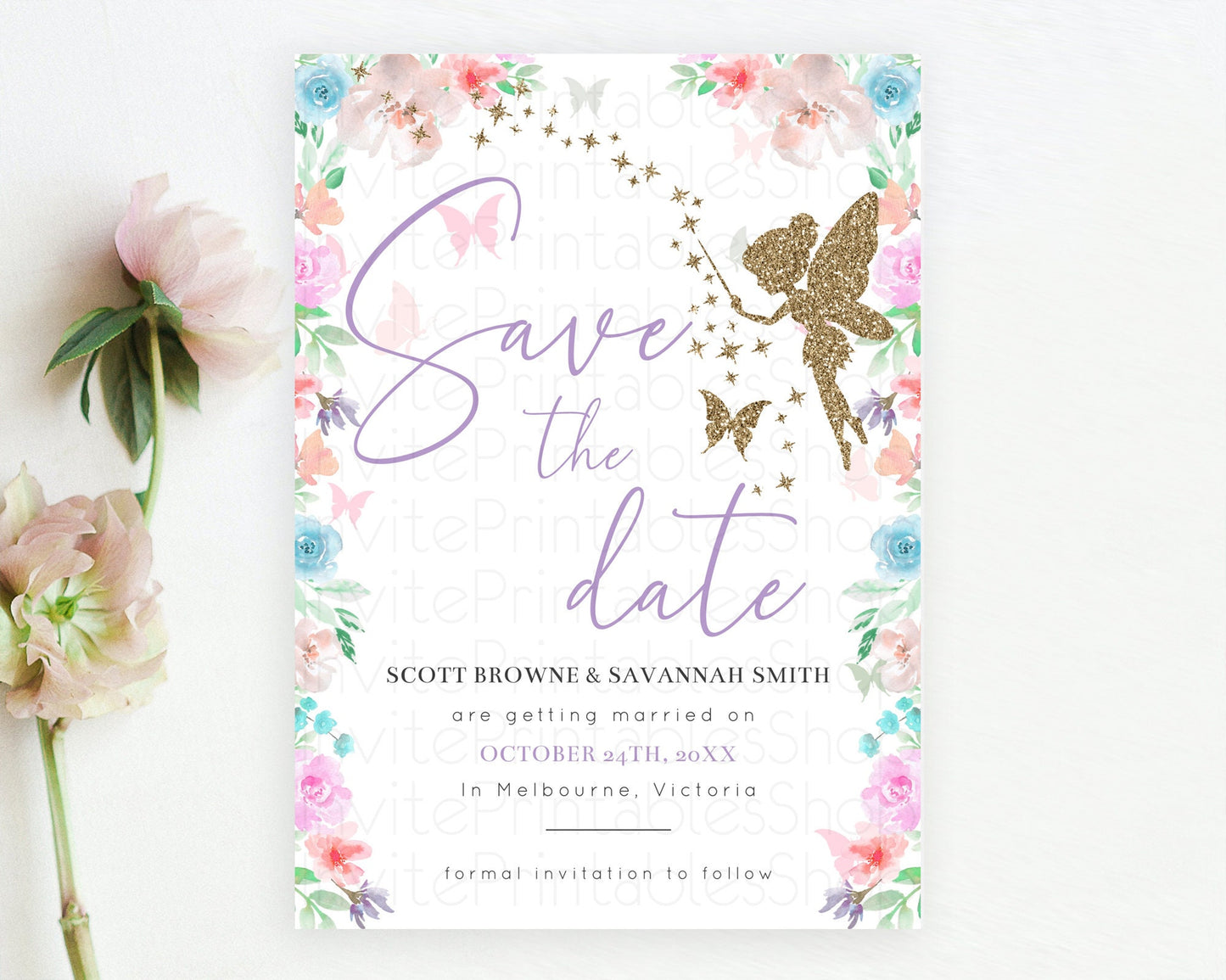 Fairy Save The Date Template Enchanted Garden Pastel Floral Butterfly Party Secret Garden Birthday Baptism Baby Shower Bridal Shower D10126