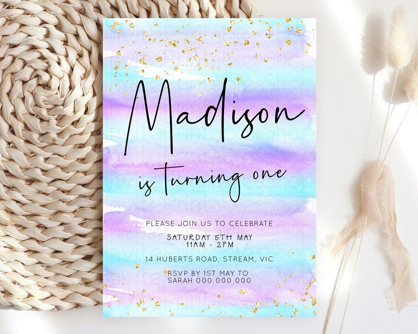 Pastel Birthday Invitation Ombre Watercolor Birthday Invitation Glitter Rainbow Color Splash 1st 2nd 3rd Birthday Invitation D23033